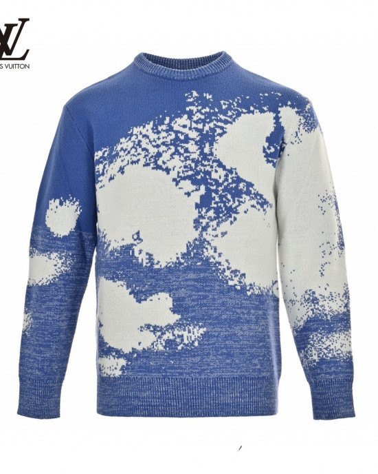 Louis Vuitto 23Fw Blue Sky and White Clouds Jacquard Crew Neck Sweater